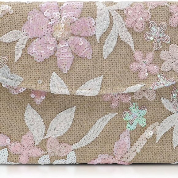 Versatile Handmade Straw Clutch with Floral Design - 10.5x7 Summer Beach Purse - Picture 1 of 8